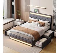 CXHLXYR Letto 180 x 200 con rete LED e USB, letto matrimoniale con 4 cassetti e testiera imbottita 180 x 200, letti matrimoniali con contenitore per adulti e adolescenti in lino (grigio scuro, 180 x