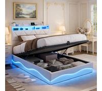 CXHLXYR Letto baule 140 x 200 cm a LED, letto imbottito con ripiani aperti e portaoggetti nascosto in testiera imbottita imbottita, letti 140 x 200 con rete letto matrimoniale con doghe in legno