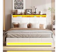 CXHLXYR Letto baule 140 x 200 con LED, letti 140 x 200 con rete e ripostiglio Letti Capitonné Cassapanca con doghe in legno, letto matrimoniale imbottito con contenitore e testiera, tessuto in PU