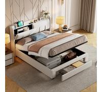 CXHLXYR Letto baule 140 x 200 con rete e 1 cassetto, letto imbottito matrimoniale con spazio e illuminazione a LED, letto idraulico per adulti e adolescenti in velluto (bianco sporco, 140 x 200)