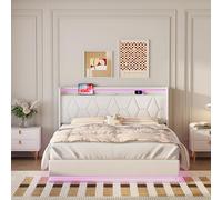 CXHLXYR Letto baule 160 x 200 con rete, letto imbottito con testata, letti 2 posti con luce LED e interfaccia USB, telaio letto, supporto a doghe in legno solido, tessuto in velluto (bianco, 160)