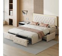 CXHLXYR Letto baule 160 x 200 con rete, letto matrimoniale con 4 cassetti portaoggetti e LED, letti matrimoniali con rete a doghe, letti cassetti 160 x 200 cm, PU(bianco sporco, 160 x 200)