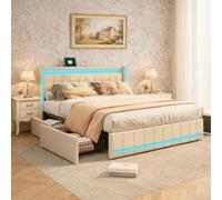 CXHLXYR Letto imbottito 180x200 cm con Contenitore, letto matrimoniale 180x200 con 4 cassetticon,illuminazione a LED e USB, letto Contenitore con testiera regolabile in altezza,Lino Beige