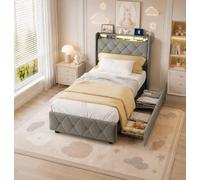 CXHLXYR Letto imbottito 90 x 200, letto matrimoniale con 2 cassetti, letto singolo con LED, letto per ragazzi con USB, letto funzionale, letto con vano portaoggetti letto Contenitore per adolescenti