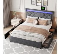 CXHLXYR Letto matrimoniale 140 x 200 cm con custodia, letti 140 x 200 con rete a LED, letto imbottito con porta di ricarica USB letto matrimoniale con 4 cassetti testiera regolabile, tessuto in lino