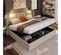 CXHLXYR Letto matrimoniale imbottito 160 x 200 cm, letto baule con lampada e USB, letti 160 x 200 cm con rete a LED Modernità Telaio letto idraulico con rete a doghe in legno di lino (Beige-g, 160 x