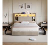CXHLXYR Letto matrimoniale imbottito 160x200 cm,letto Contenitore con rete LED e USB, letto imbottito 160x200 con testiera e 4 cassetti, letti matrimoniali imbottiti, per 2 persone per adulti, lino