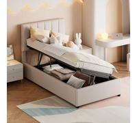 CXHLXYR Letto per bambini 90 x 200 cm, letto con contenitore idraulico, letto singolo imbottito con testiera regolabile e design a righe, letti 90 x 200 con rete letto singolo in lino (Beige-F, 90 x