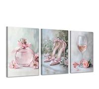 CXHOSTENT Decorazione artistica da parete su tela alla moda, 3 pezzi, decorazione da parete per la stanza dei trucchi, poster rosa alla moda, con profumo, tacco alto, immagini di vino, decorazione per