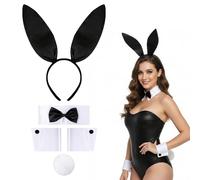 CXNXFD Costume da coniglio per adulti, colore bianco e nero, con orecchie di coniglio, cerchietto con papillon e polsini, travestimento unisex per carnevale, Pasqua