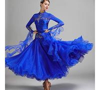 CXPMY Abiti da Concorso di Ballo da Sala da Ricamo Costume da Spettacolo di Valzer Moderno A Maniche Lunghe Abbigliamento da Ballo Professionale per Tango Valzer,Blu,XXL
