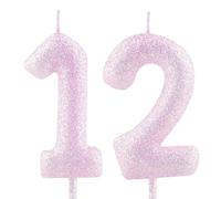 Cxryrzhe Candela per 12° compleanno, numero 12, rosa e viola, iridescente, con glitter, decorazioni per torte per ragazze e donne, decorazioni per feste di anniversario