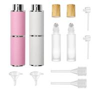 CxutSa 2 Pezzi 8ml Atomizzatore di Profumo e 2 Pezzi 10ml Rullo in Acciaio Inossidabile Mini Bottiglia Spray Portatile Nebulizzatore Profumo in Pelle PU per Passeggiate, Viaggi e Feste (Blanco y Rosa)