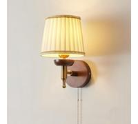 CXYWBD Gold Bedside Lamp with Pull Chain And Pleated Fabric Shade Retro Vintage Walnut Wood Wall Light Mid Century Rustic E27 Hardwired,One Color-B