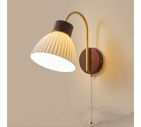 CXYWBD Wood Mid Century Light Fixtures with Pull Chain Milk Glass Gooseneck Gold Antique Vintage Wall Mounted Lamp for Bedside Living,Cone
