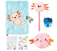 CY2SIDE Axolotl - Diario segreto con lucchetto e chiavi, 6 pezzi, in peluche, con portamonete e penna adesiva e giocattolo da spremere, idea regalo per compleanno, Natale, per adolescenti, 6, 7, 8