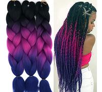 Cybelleza Treccine Africane Extension Capelli Sintetici 3pcs 60cm Extension Capelli per Treccine Africane Finti Estensioni Trecce Afro Ombre Braiding Hair, Nero & Fucsia & Blu viola