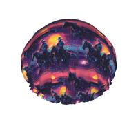 Cyber Sunset Western Cowboy Print Cuffia da doccia da donna, riutilizzabile a doppio strato con fascia elastica per capelli lunghi cuffia da bagno per doccia