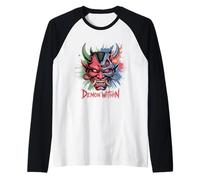 Cyberpunk Oni Mask Glitch Effect | Tech Demone Giapponese Maglia con Maniche Raglan