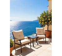 Cybert Set Bistro da Giardino 3 Pezzi BORA BORA - 2 Poltrone con Cuscini Beige + Tavolino Quadrato 50x50 cm Piano Vetro Temperato - Arredo Outdoor Balcone Terrazzo - Struttura Acciaio Marrone
