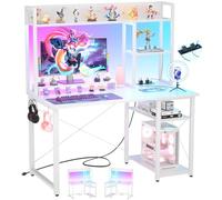 Cyclysio Scrivania da gioco con gabbia, scrivania per computer da 99 cm con luci a LED e prese di corrente, scrivania per casa e ufficio con 5 ripiani reversibili e supporto per monitor, piccolo