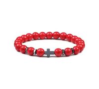 CYDXD Bracciale con Croce in Pietra Naturale,8mm,con perline di Pietre Preziose Naturali, Religioso,Braccialetti di Gesù Fatti a Mano, di Buona Fortuna per Donne e Uomini,Rosso 8mm