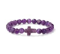 CYDXD Bracciale in Pietra Naturale da 8mm,Ametista Naturale con Ciondolo a Croce,Braccialetti Elastici Regolabili con perline per Uomo e Donna,Regali Cristiani per Pregare e per I Devoti,8mm