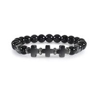 CYDXD Braccialetti in Pietra Naturale per Uomo e Donna,Ossidiana Nera da 8mm,Pietra Preziosa Naturale,Croce di Gesù,Braccialetti elastici con perline, di Amicizia,Compleanno,Yoga,8mm
