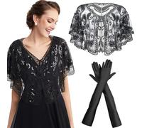 CYGMRFH 2 Pezzi Scialle Da Donna Paillettes Perline, Art Deco Mantello Da Sera Vintage Guanti Lunghi Nero Guanti da Sera Scialle Da Donna Con Glitter Sottili per abito da sera vintage matrimonio