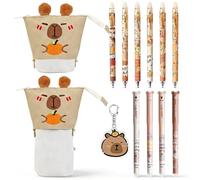 CYGMRFH Astuccio estensibile Capybara arancione set 12 pezzi, 2-in-1 portapenne con 10 penne gel blu gomma & portachiavi, Forniture scolastiche Kawaii bambini studenti, Regalo compleanno scuola