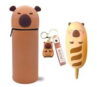 CYGMRFH Capibara Astuccio & Portachiavi & Plush Penne, 2 in 1 Astucci Portapenne in Morbido Silicone,Multistrato di Grande Capacità, Astuccio Animali Capibara per Ragazze Ragazzi, Marrone Scuro