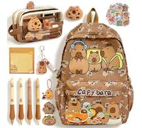 CYGMRFH Capybara - Set di cancelleria con zaino, grazioso set di cancelleria marrone Capybara, per bambini e adolescenti, con penne, portachiavi, astuccio in silicone, borsa a tema animale per