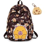 CYGMRFH Capybara Zaino per bambini con cartoni animati e portachiavi set, Capybara Schoolbag Cinghie regolabili grande capacità Viaggio scolastico per laptop Regalo, custodia per libri (Marrone)