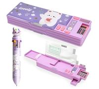 CYGMRFH Orso Viola Trousse Multifonction Pop-Up Astuccio con Penna Multicolore Coniglio Viola 12 Colori, Cartone Animato Bear Penna Scatola con Calcolatrice, Coltello a Penna, Calendario