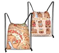CYGMRFH Set da 2 Zaini a Cordoncino Capybara - Beige Caldo e Rosa Chiaro con Stampa Cartoon, Cordoncino e Spallacci Neri, Borsa Sport Leggera per Donne Ragazze