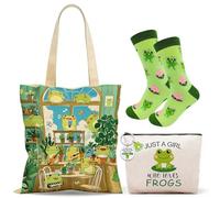 CYGMRFH Set di 4 Borse Tela, Borsa a Tracolla 2-in-1 con Beauty Case, Calzini e Portachiavi, Riutilizzabile Lavabile per Shopping Viaggi Lavoro, Regalo Compleanno Natale Festa della Mamma (Rana 1)