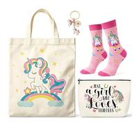 CYGMRFH Set di 4 Borse Tela, Borsa a Tracolla 2-in-1 con Beauty Case, Calzini e Portachiavi, Riutilizzabile Lavabile per Shopping Viaggi Lavoro, Regalo Compleanno Natale Festa della Mamma (Unicorno)