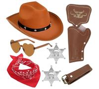 CYGMRFH - Set di accessori per costume da cowboy con cappello marrone, bandana, occhiali da sole a cuore, fondina e cintura, kit per travestimento western per adulti e bambini per Halloween e cosplay