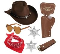 CYGMRFH Set di accessori per costume da cowboy marrone, cappello da cowboy western con borchie in metallo, cintura con fondina, bandana rossa e occhiali da sole a forma di cuore, kit completo per