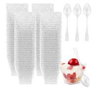 CYH 100 Pezzi Mini Tazze da Dessert, 60 ml Riutilizzabili Glitter Coppette in Plastica Con 100 Cucchiai, Bicchierini Trasparenti per Aperitivo Mousse Budino - Argento