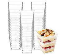 CYH 50 Pezzi Mini Bicchierini da Dessert, 240ml Coppette da Dessert in Plastica, Tazze da Dessert Quadrate Trasparente Riutilizzabile Finger Food Contenitori per Aperitivo Mousse Budino Dessert