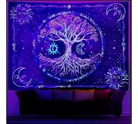 Cyiecw Arazzo da parete con luce nera, effetto estetico, con sole reattivo, luna e albero della vita, decorazione fluorescente, decorazione da parete per il soggiorno (200 x 150 cm) (sole luna)