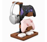 Cyiecweu Supporto 3 in 1 per cuffie e controller in legno, supporto per cuffie a due piani, con base, supporto universale per cuffie da gioco, albero marrone