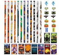 CYIOU Set di Matite Halloween Bambini Compreso 12 Matite in Legno 10 Mini Taccuini a Spirale 12 Gomme 2 Temperamatite per Bambini Regalini Halloween Dolcetti o Scherzetti