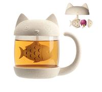 Cymax Tazza da tè in vetro da 250 ml con filtro da tè a forma di gatto, perfetta per matrimoni, regalo di compleanno, festa della mamma, festa del papà per gli amanti dei gatti