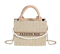 Cymwer Borsa a mano con manico superiore per tutte le partite Borsa a tracolla con catena con decorazione di perle Borsa a tracolla semplice in paglia per viaggi di vacanza da donna (Khaki)
