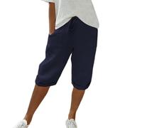 Cynlyee Pantaloni Donna Estivi Lino e Cotone, Leggeri e Traspiranti, Vita Alta, Pantaloncini Corti, Bermuda Estate, Baggy, 7/8, Blu Scuro, XL