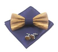 Cyriacus Papillon Legno Uomo Fazzoletto Gemelli Set Papillon Matrimonio Business Lavoro Laurea Festa Blu scuro