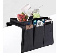 Cysocool - Organizer per bracciolo divano con vassoio portaoggetti, portabicchieri, telecomando TV, tasche per telefono, tablet, libri, riviste, DVD, occhiali, bevande, snack, colore: nero
