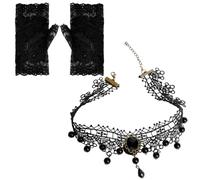CYUXING 2 Pz Set Accessori Goth Neri - Collana Choker E Guanti Senza Dita In Pizzo, Gioielli Gotici Per Donna, Accessori Pizzo Per Halloween Ballo Anni '20 Festa Vampiro Strega Cosplay
